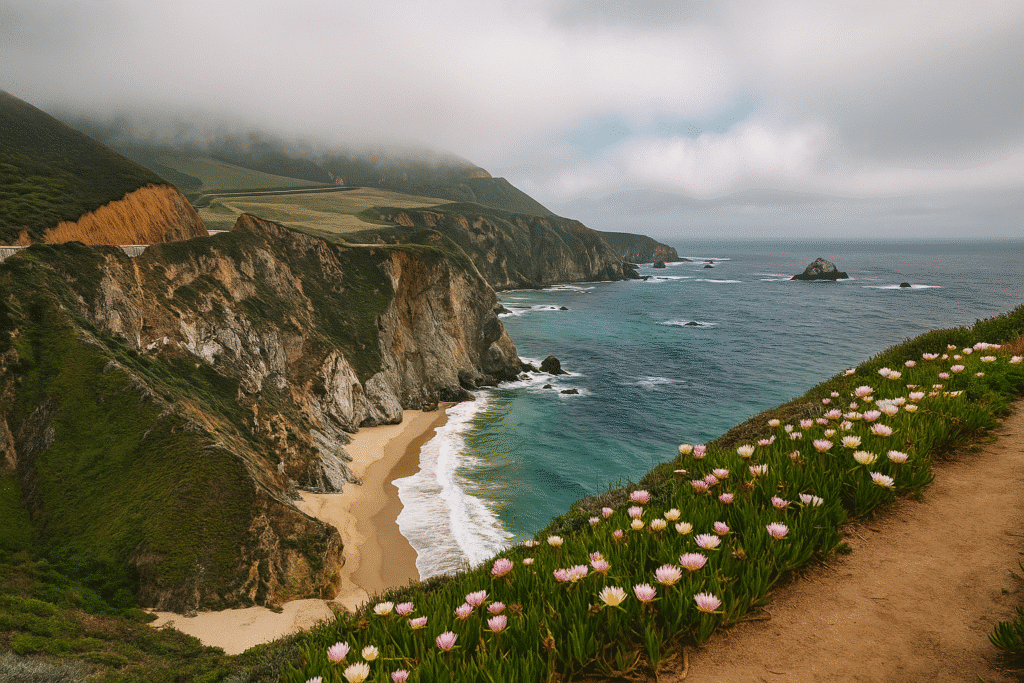 Coastal cliffs with wildflowers and turquoise waves under light fog, showcasing the beauty during the best time to plan your Big Sur road trip.