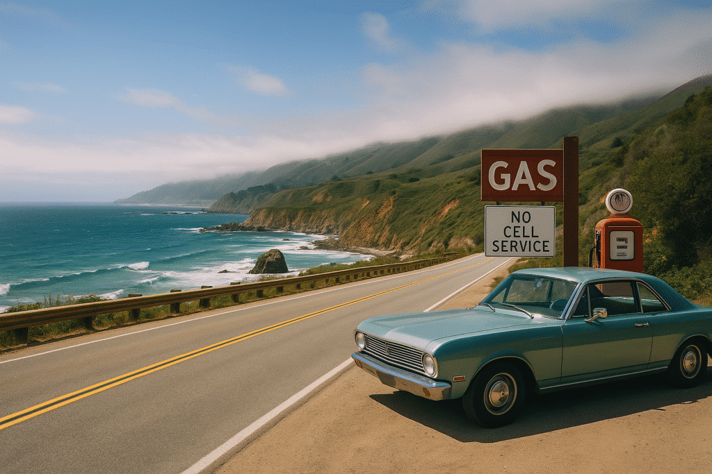 A vintage car parked by a coastal gas station with ocean cliffs in the background, illustrating tips you’ll wish someone told you before driving Big Sur.