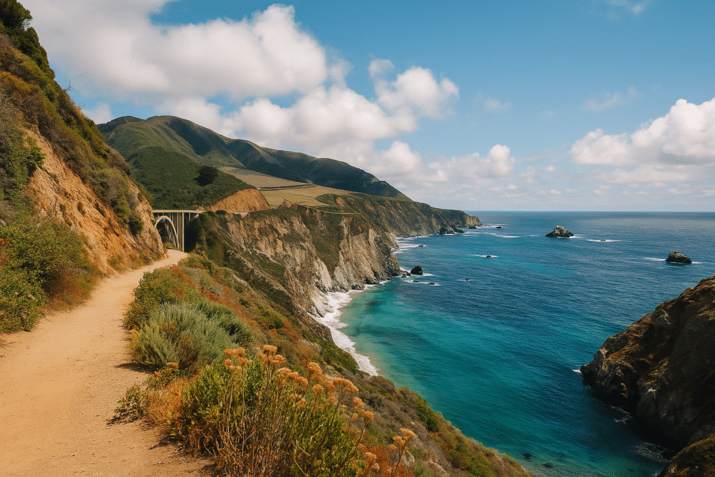 View of Bixby Creek Bridge and rugged coastline with turquoise waters, highlighting must-see stops on your Big Sur road trip.