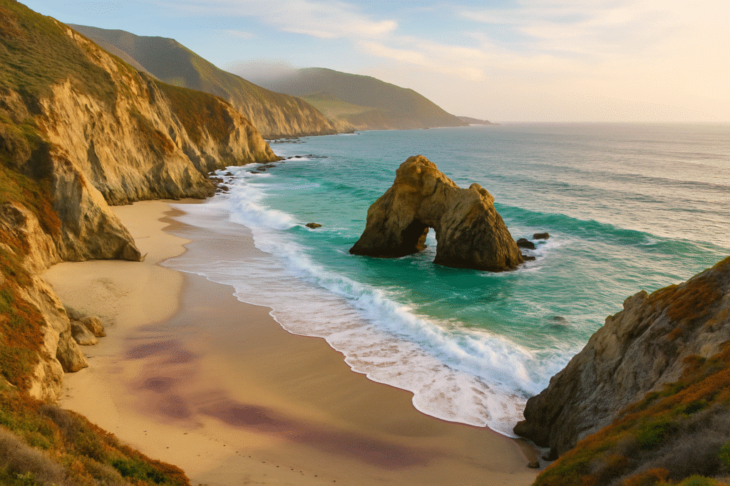 Scenic view of Keyhole Rock and purple sand at Pfeiffer Beach, showcasing the beauty of beaches along the Big Sur coast.
