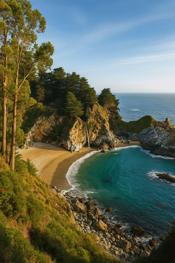 McWay Falls cascading onto a secluded beach with turquoise waters, representing more iconic stops on your Big Sur road trip.