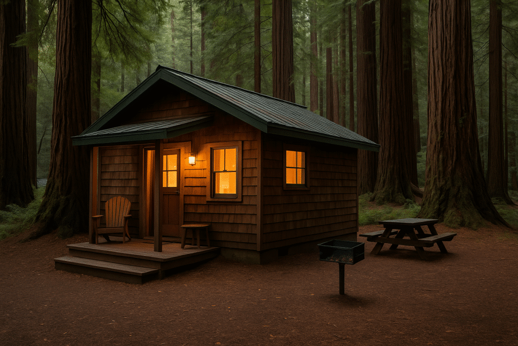 Cozy wooden cabin surrounded by towering redwoods, showcasing a peaceful option for where to stay on a Big Sur road trip.