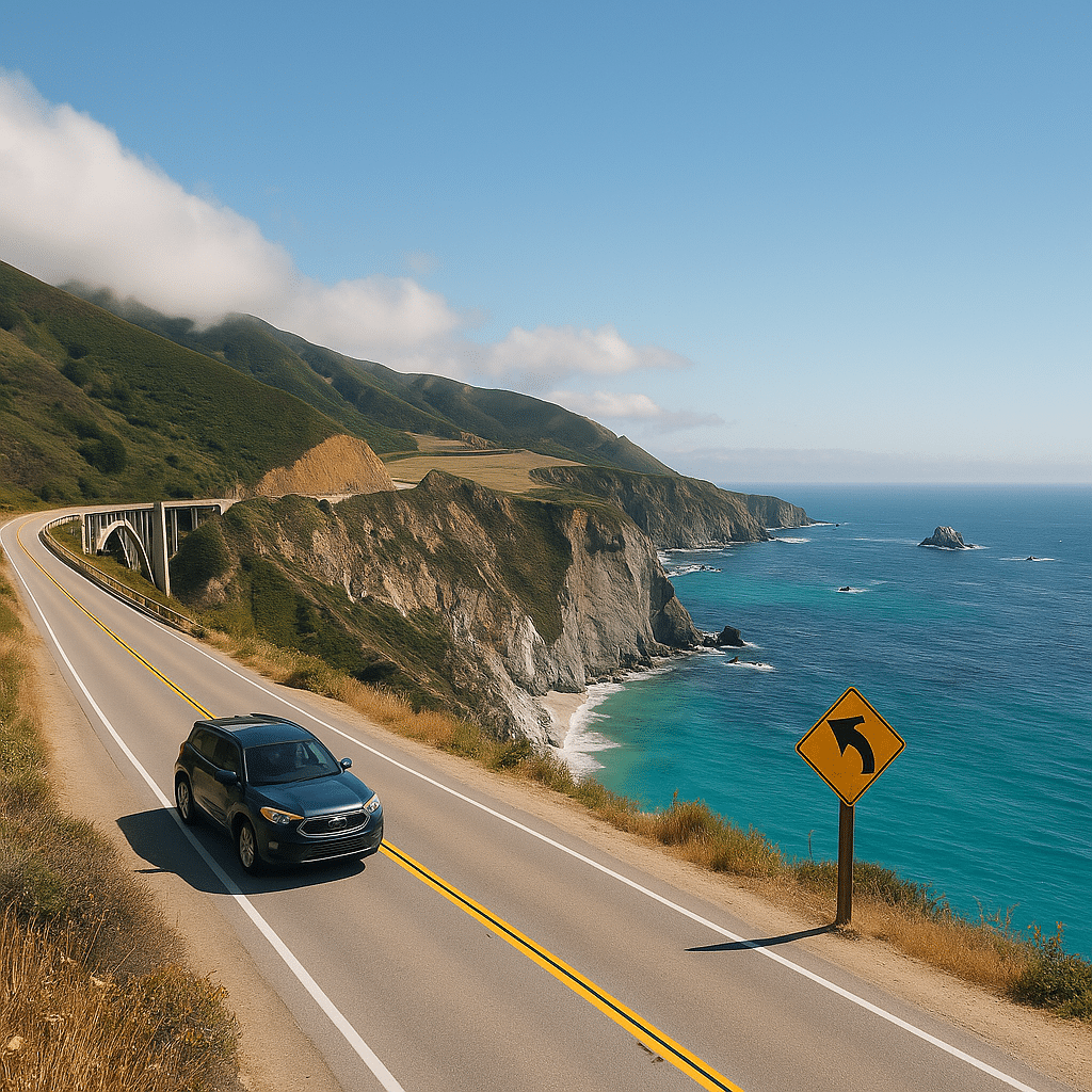 Car driving along Highway 1 near Bixby Creek Bridge with ocean views, illustrating a sample Big Sur road trip itinerary.