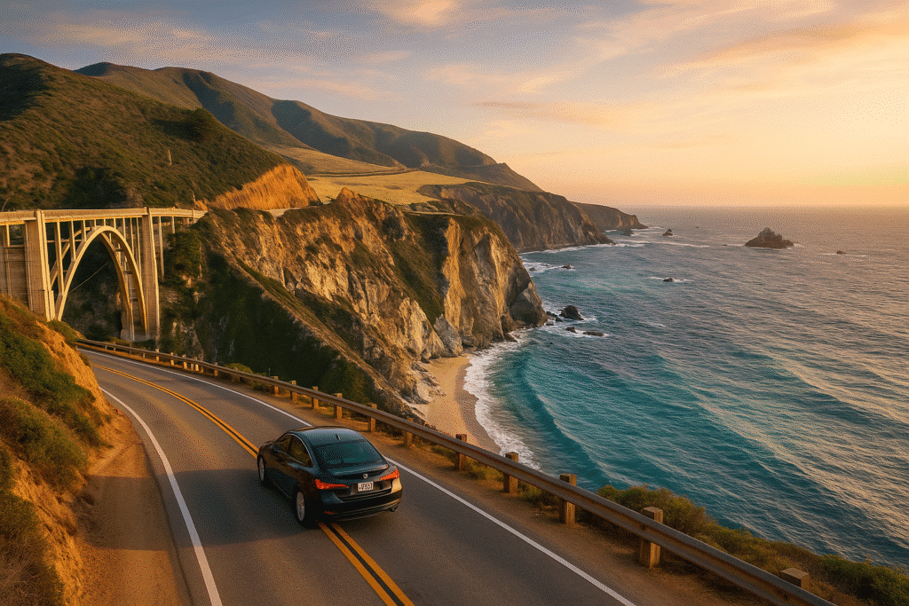 Car driving across Bixby Creek Bridge at sunset with ocean views, highlighting essential road trip tips for Highway 1.