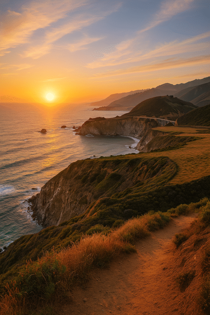 Golden sunset over rugged cliffs and the Pacific Ocean, capturing the essence of why Big Sur will stick with you.
