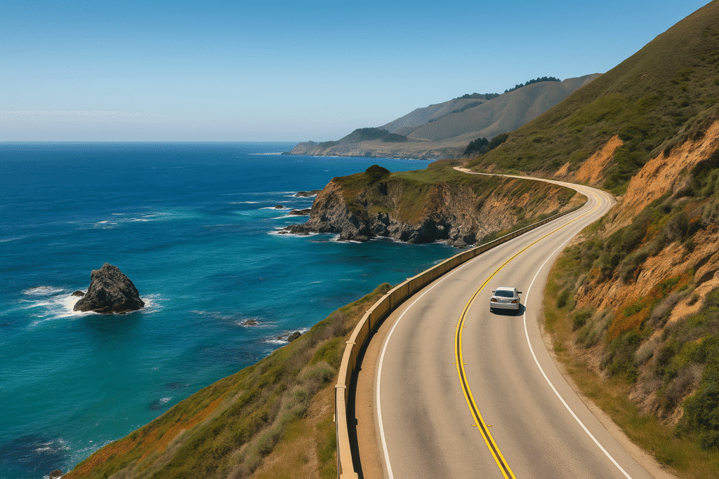 Scenic Highway 1 drive along the Pacific coastline, capturing the beauty of the route from Carmel by the Sea to Big Sur.