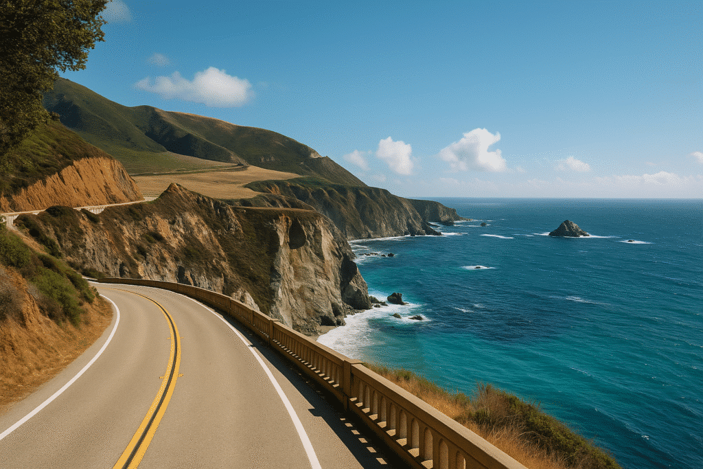 Winding Highway 1 along rugged cliffs offering that first glimpse of the Pacific with turquoise waves and dramatic coastline views.
