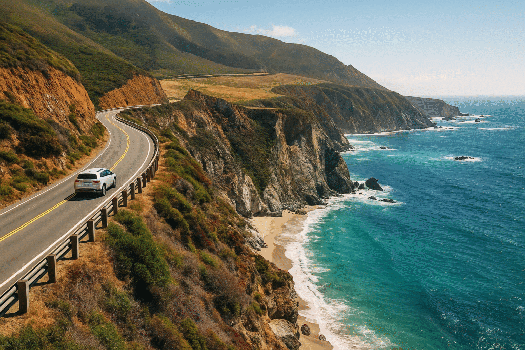 A car driving along a winding cliffside road overlooking the Pacific Ocean, illustrating the actual distance and why it feels longer on the Carmel to Big Sur route.
