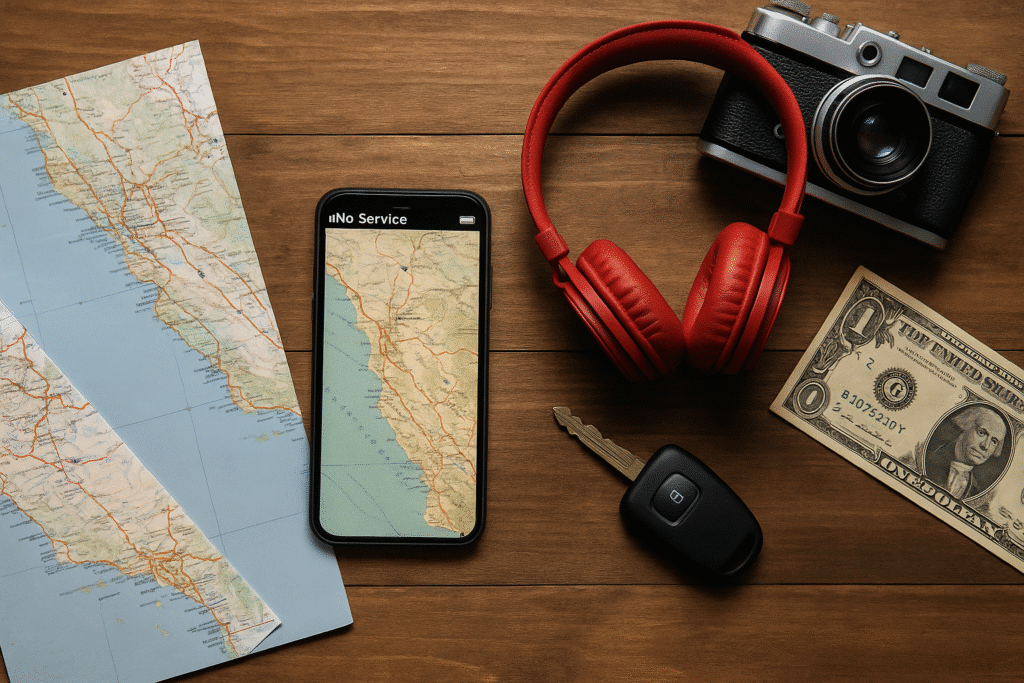 Travel essentials including a map, phone with no service, keys, and camera, representing important things to know before hitting the road.