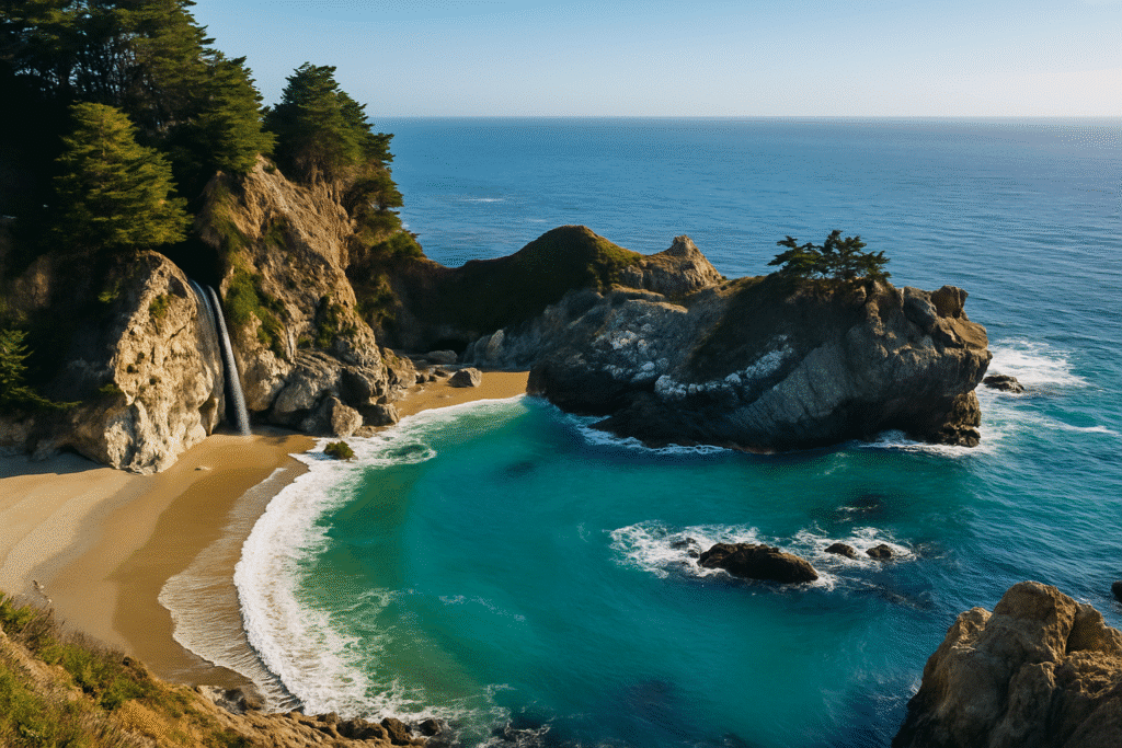 McWay Falls cascading onto a secluded beach with turquoise waters, one of the must-see stops on the Carmel to Big Sur drive.