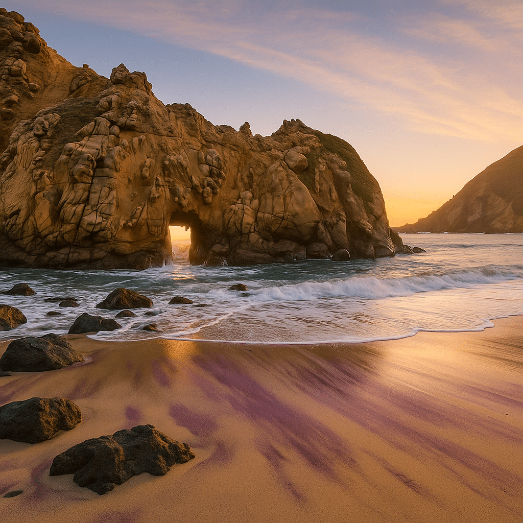 Sunset light streaming through Keyhole Rock with purple sand and turquoise waves at Pfeiffer Beach – the hidden gem of Big Sur.