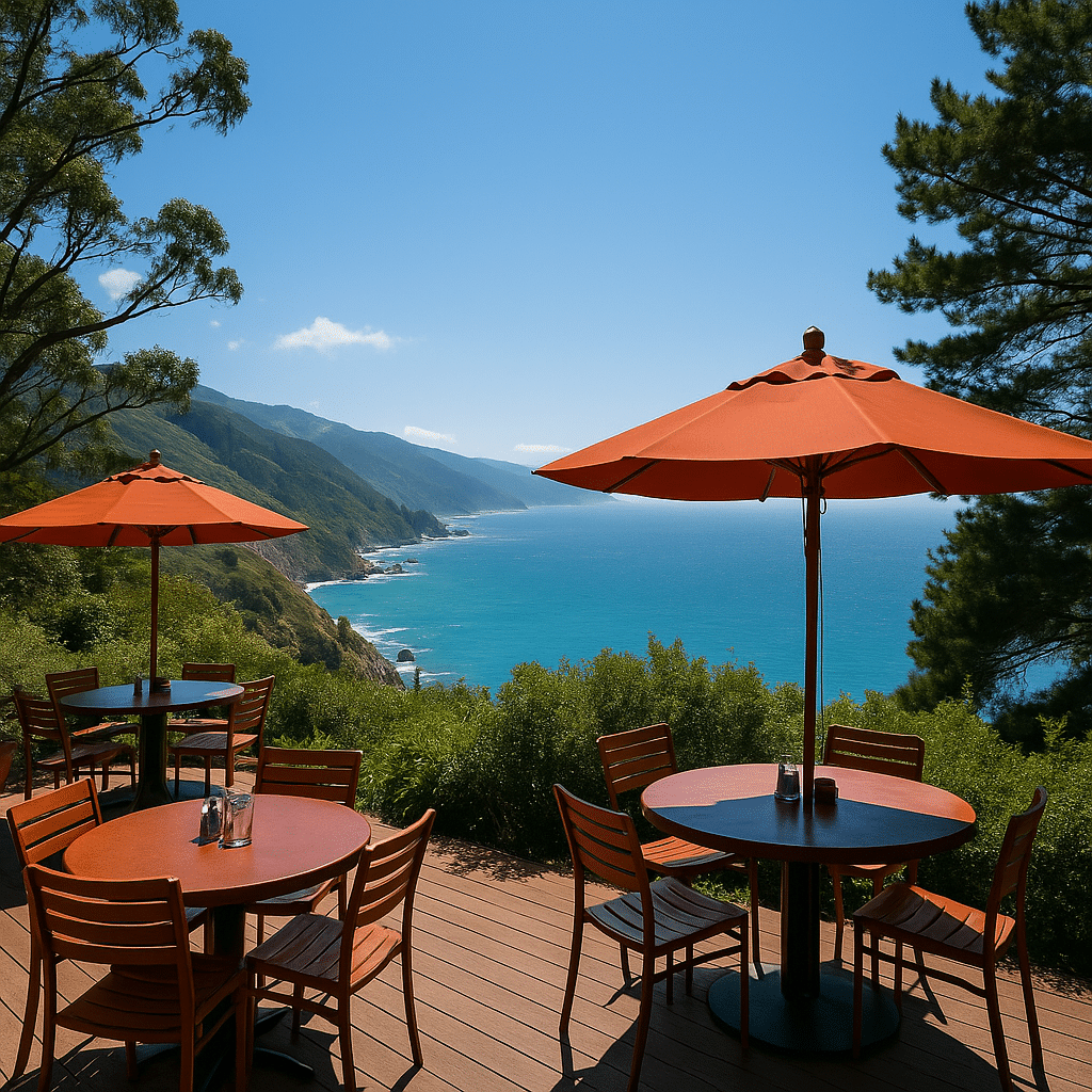 Outdoor dining deck with red umbrellas overlooking the Pacific Ocean at Nepenthe – food with a view in Big Sur.