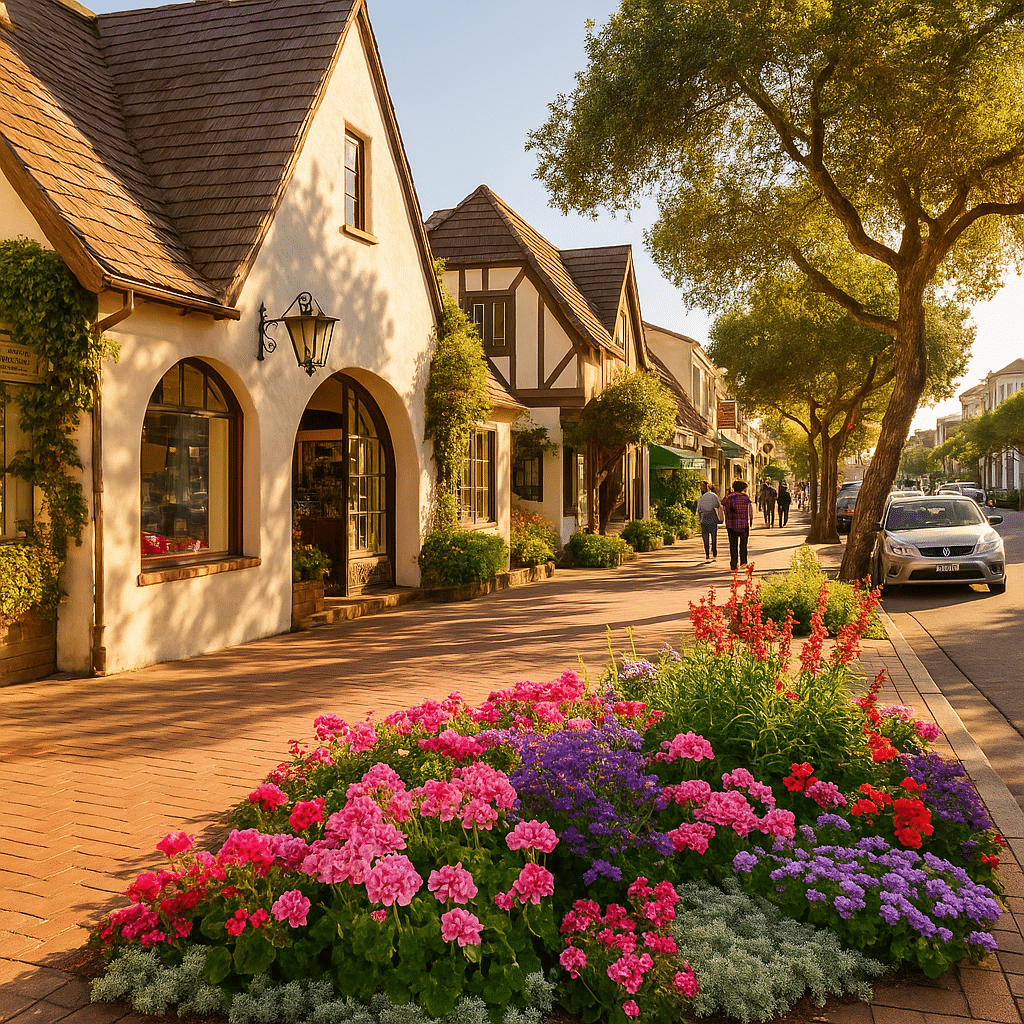 Charming street with storybook-style buildings, colorful flowers, and pedestrians in Carmel by the Sea – don’t skip this town.