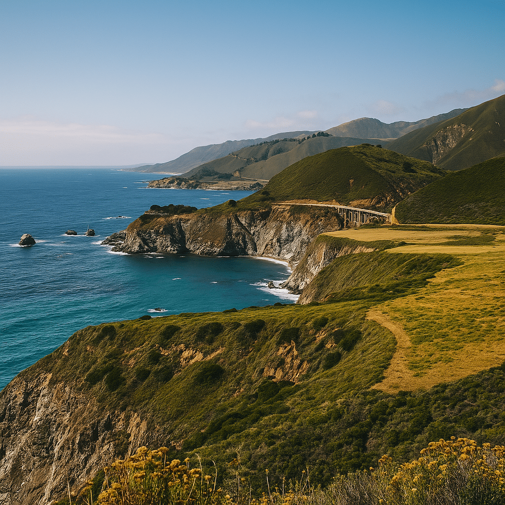 A scenic stretch of Highway 1 with cliffs and ocean views, perfectly illustrating why this road trip is a must-do.