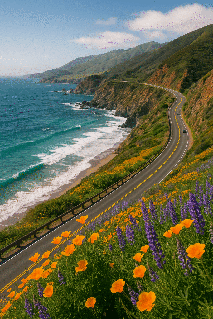 Wildflowers blooming along Highway 1 cliffs with ocean views, showing the best time to drive from Los Angeles to Big Sur.
