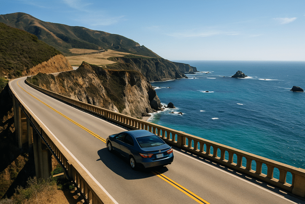 Highway 1 winding along rugged cliffs with Pacific Ocean views, illustrating how far Big Sur is from Los Angeles.