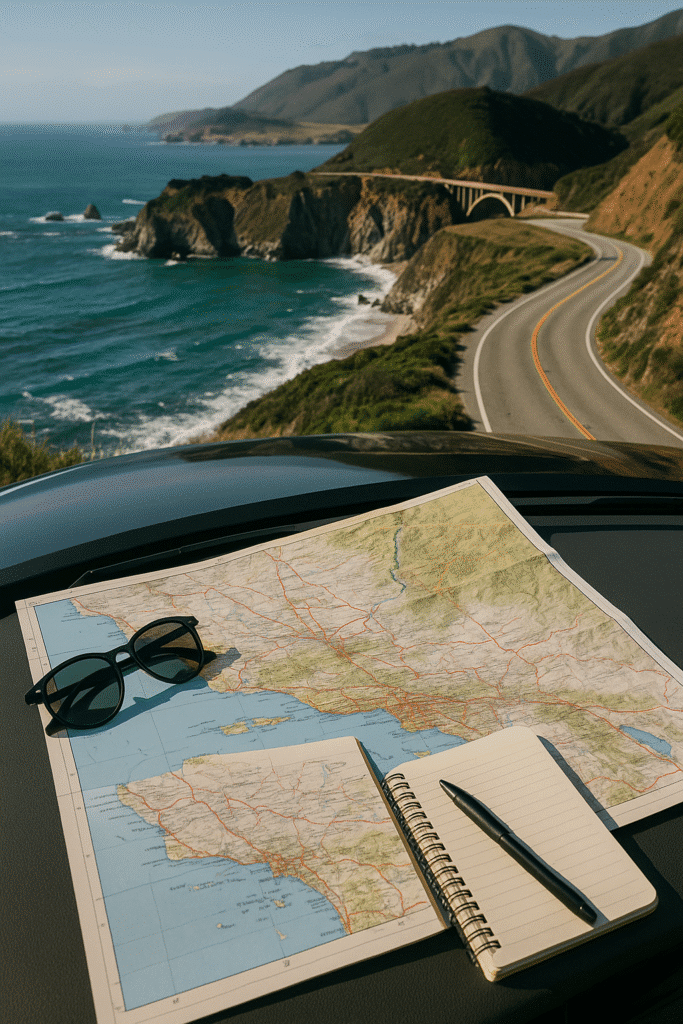 Map, sunglasses, and notebook on a car hood with Highway 1 and ocean views, perfect for planning your Los Angeles to Big Sur road trip.