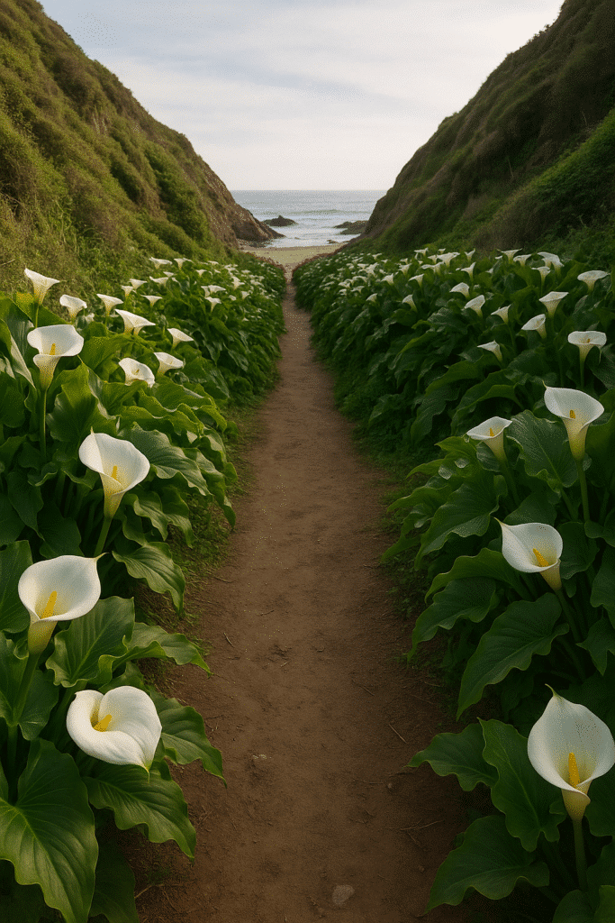 A dirt trail lined with blooming white calla lilies leading toward the ocean, showcasing the path for How to Get to Calla Lily Valley.