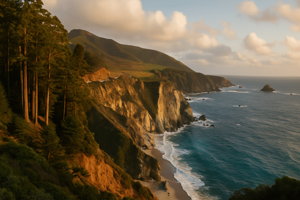 Scenic Big Sur elopement location with rugged cliffs, Pacific Ocean waves, and coastal redwoods at sunset.