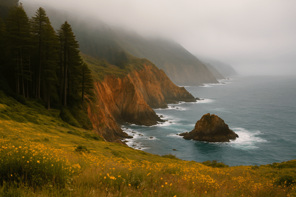 Cliffs, wildflowers, and misty ocean views perfectly capturing the wild, untamed vibes of Big Sur CA.