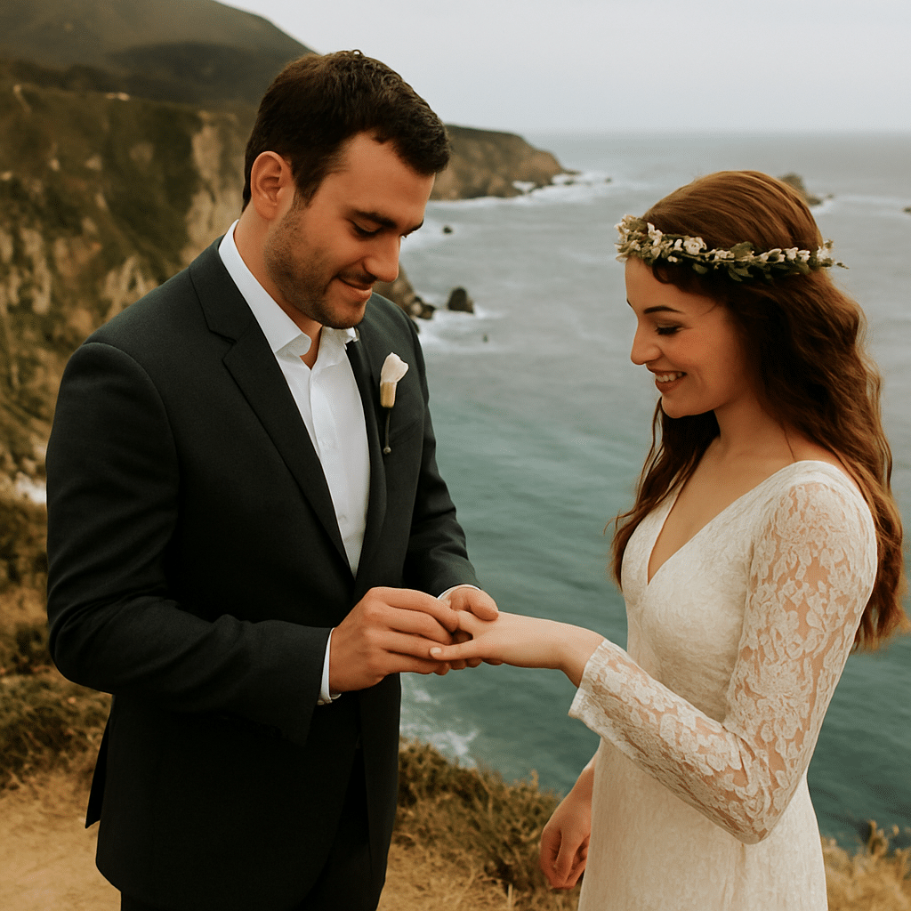 Couple exchanging rings on a cliffside, symbolizing how do you elope in Big Sur (legally and sanely) with stunning views.
