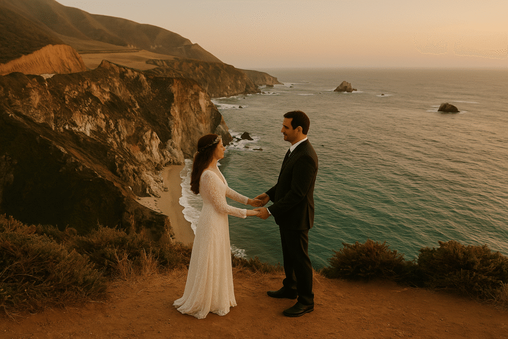 Couple holding hands on a cliffside at sunset, showcasing the best places to elope in Big Sur (real talk).