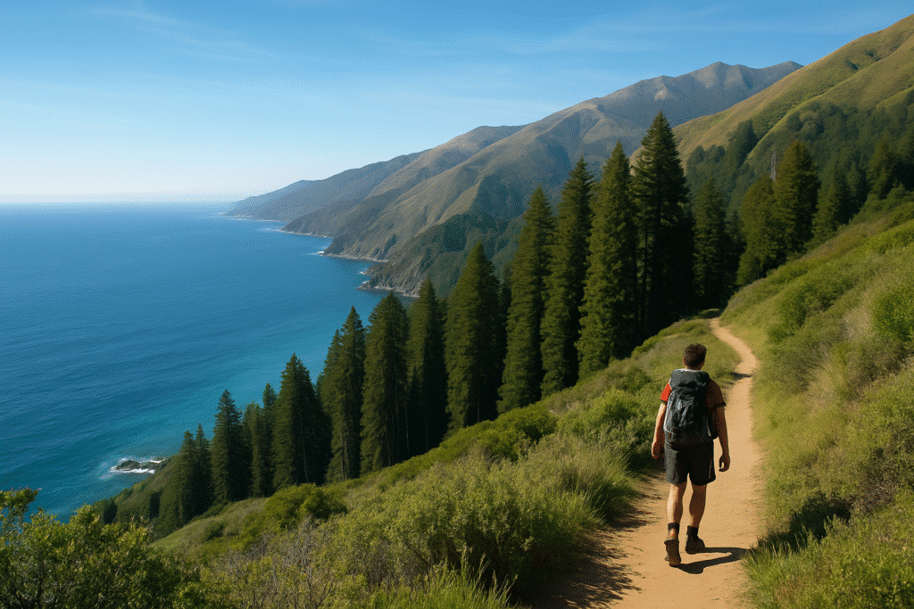 A hiker walking along a scenic coastal trail with ocean and mountain views, capturing the essence of why Big Sur is a backpacker’s dream.
