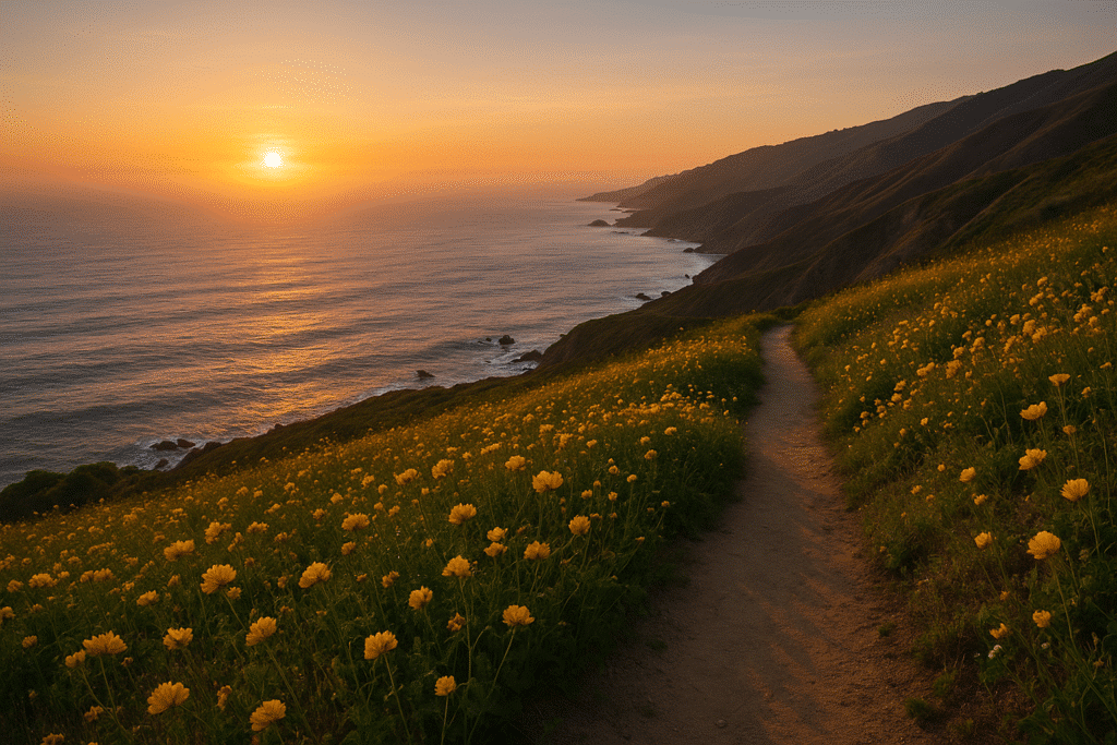 Golden sunset over Big Sur coastline with wildflowers along a trail, showing the best time for backpacking in Big Sur.