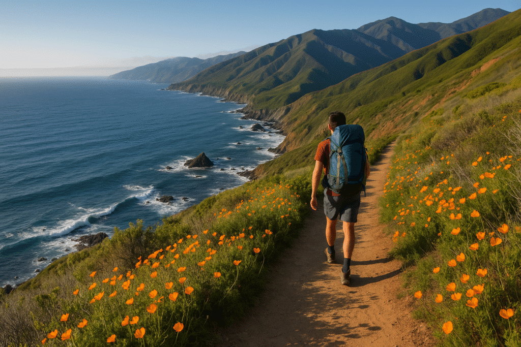 A hiker walking along a coastal path lined with wildflowers and ocean views, showcasing the top Big Sur backpacking trails you can’t miss.