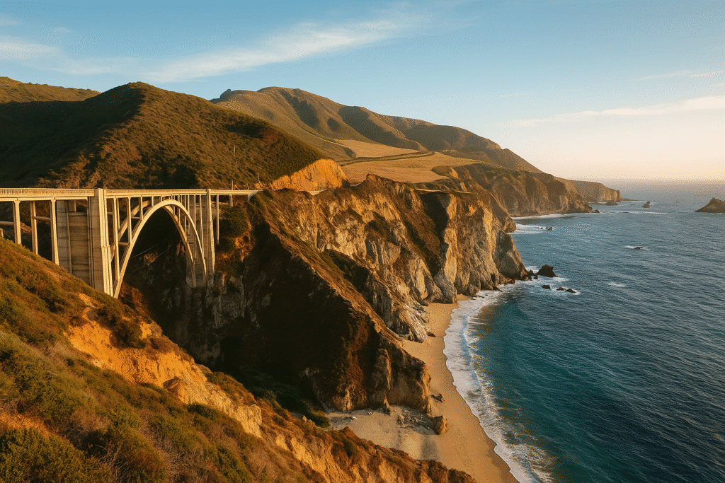 Scenic view of the Pacific coastline and Bixby Creek Bridge along Highway 1 on the iconic San Francisco to Big Sur drive.