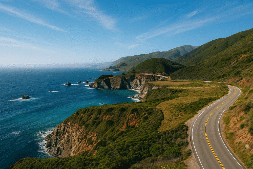 Stunning coastal highway view showcasing rugged cliffs and the Pacific Ocean, perfectly capturing why everyone freaks out about the San Francisco to Big Sur drive.