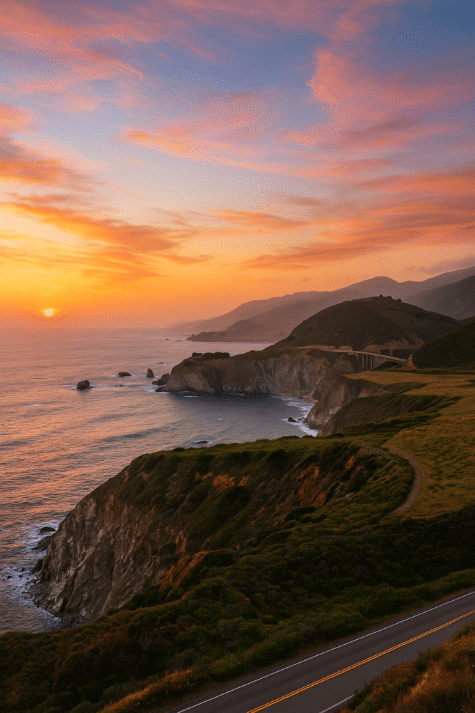 Sunset over the Pacific Coast Highway with rugged cliffs and ocean views, highlighting when’s the best time to do a San Francisco to Big Sur road trip.