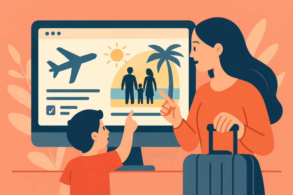 Illustration of a family planning a road trip from Monterey to Big Sur, showing vacation options on a computer screen.