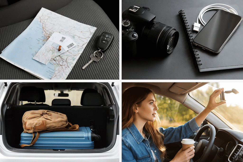Prepping for the drive (because you don’t want to miss a thing) with maps, camera, packed luggage, and travel essentials ready.
