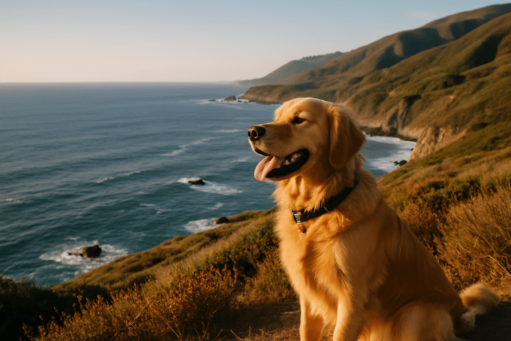 Golden retriever enjoying Big Sur CA hiking with stunning ocean and cliffside views in the background.