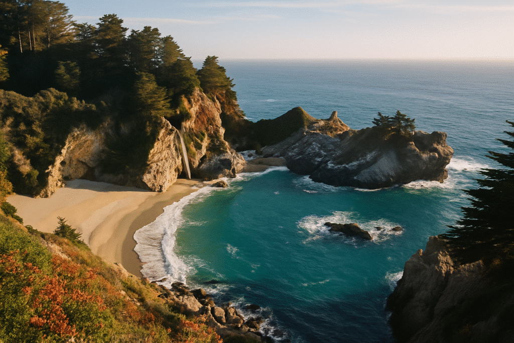 The Magic of Big Sur with stunning coastal cliffs, turquoise ocean waters, and a secluded sandy beach at sunset.