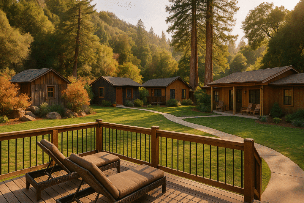 Best Big Sur Dog Friendly Hotels to Stay At with cozy rustic cabins surrounded by redwoods and serene greenery.