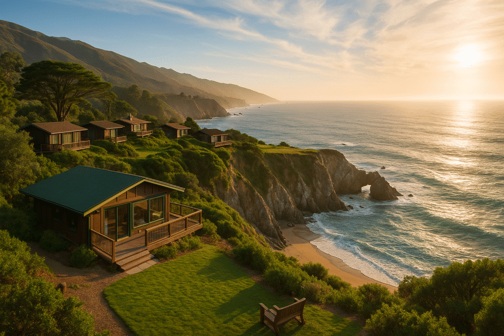 Best Dog Friendly Hotels in Big Sur with Ocean Views featuring cozy cliffside cabins overlooking the Pacific at sunset.