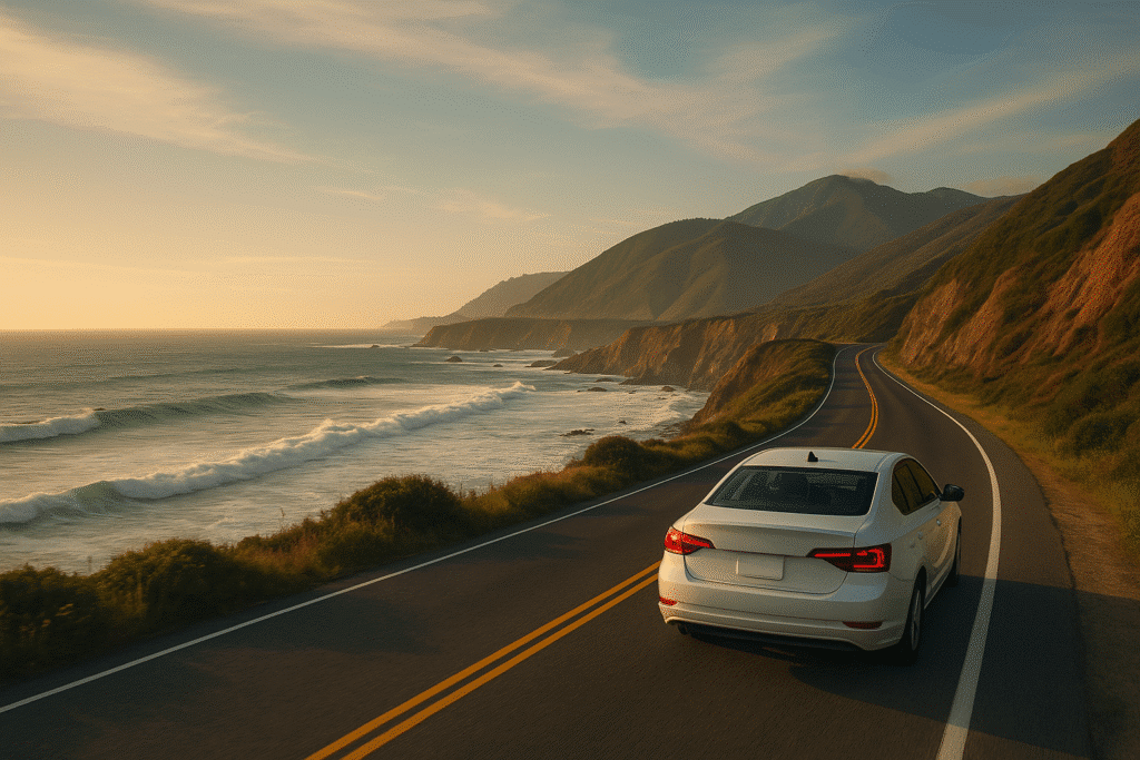 A scenic view of a white car driving along the Pacific Coast Highway on a sunny day, showcasing the coastal cliffs and ocean waves on a LA to Big Sur road trip.
