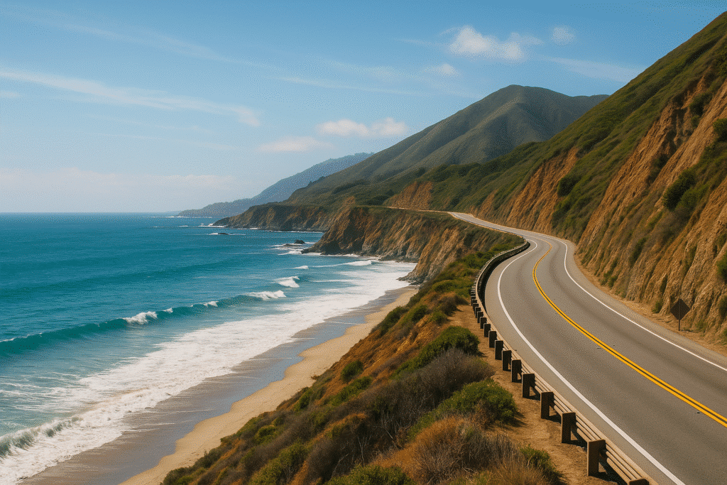A breathtaking view of winding cliffs and turquoise ocean waves, capturing The Whole Vibe of the Pacific Coast Highway.