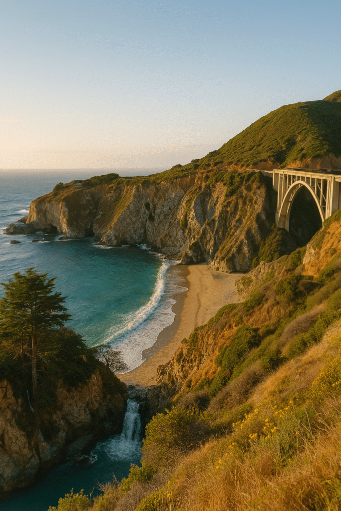A scenic view of Bixby Creek Bridge and McWay Falls along the Big Sur coast, representing The “Just One Day” Plan road trip highlights.