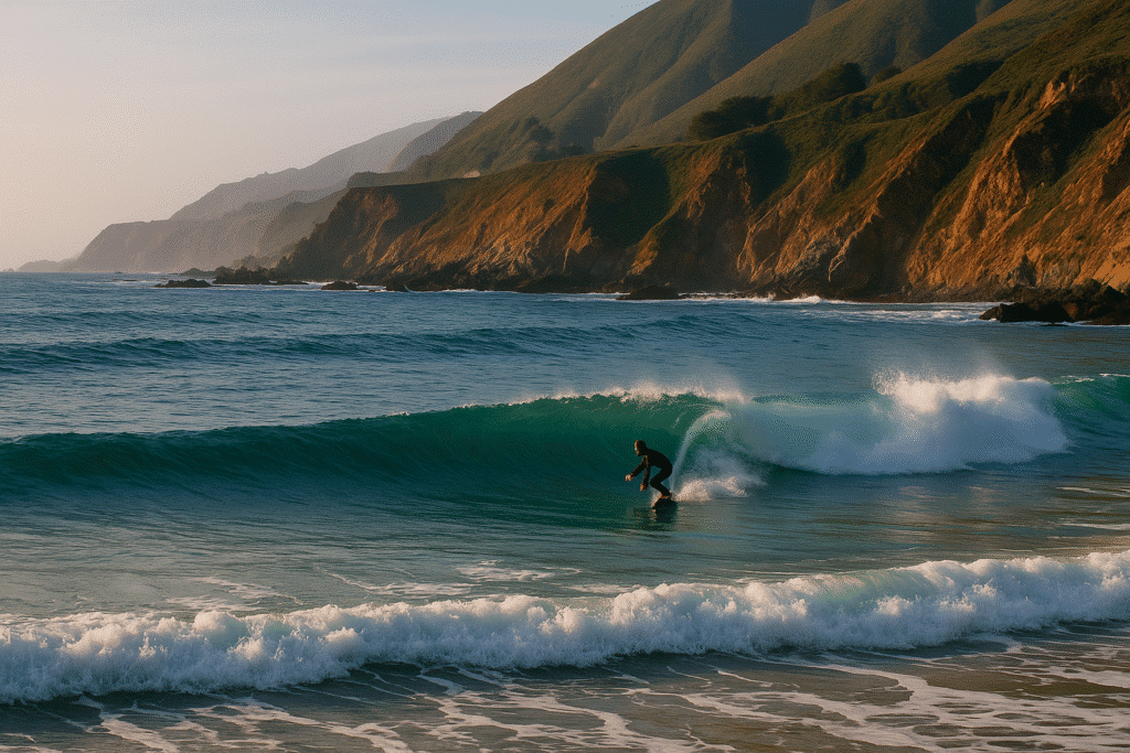A surfer riding a wave with dramatic cliffs in the background, capturing the raw beauty of Big Sur surfing.