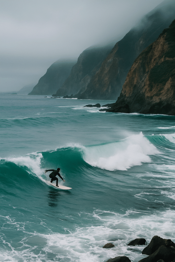 A lone surfer riding a powerful wave beneath misty cliffs, showing why Big Sur surfing feels different and a little untamed.