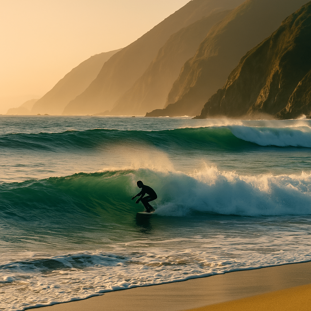 A surfer riding golden-lit waves near rugged cliffs, capturing the essence of the best time to surf in Big Sur.