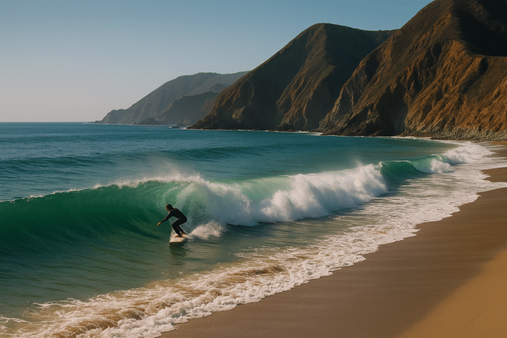 A surfer riding a clean wave near rugged cliffs, showcasing the raw beauty of top surf spots in Big Sur that locals won’t tell you about.