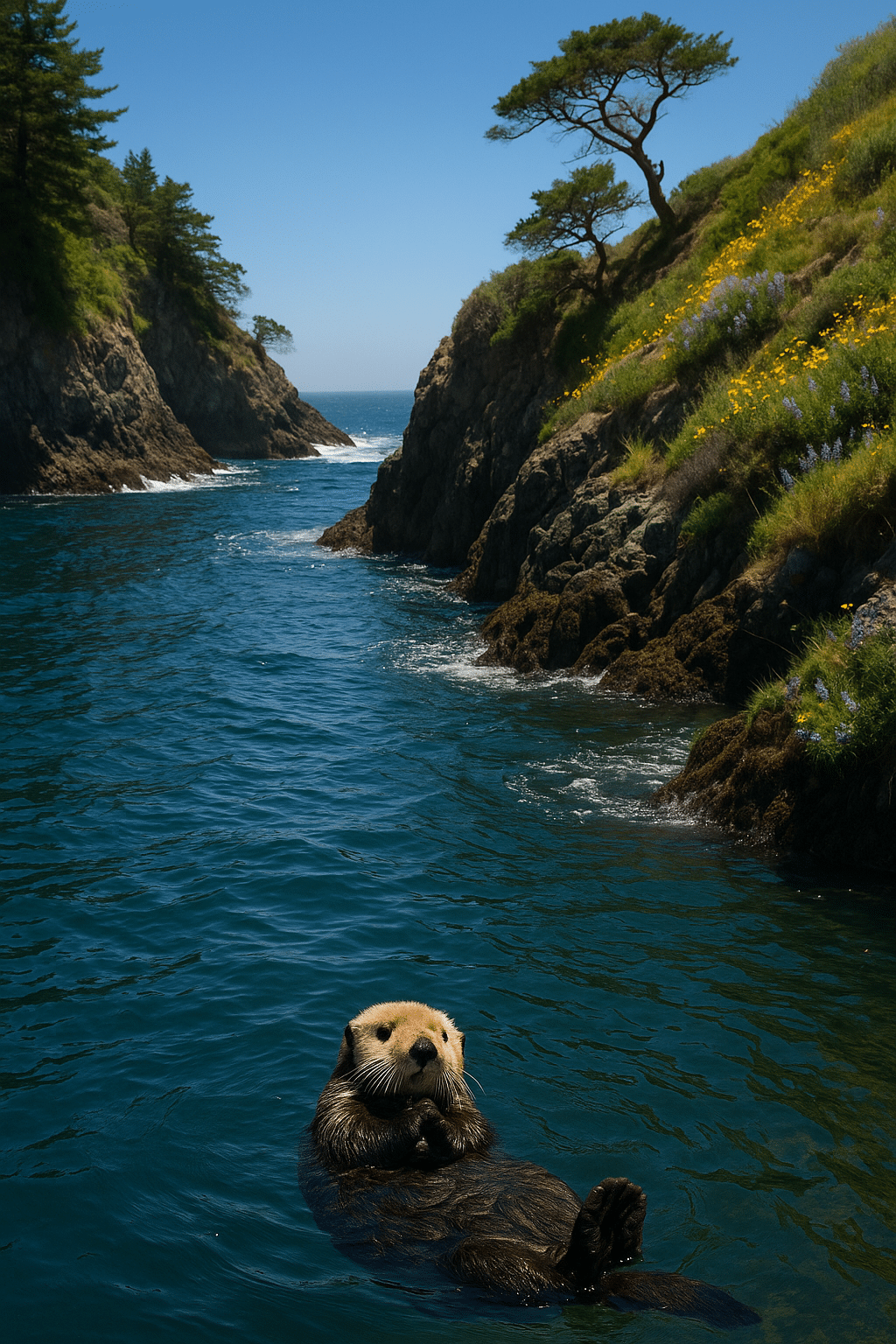 Sea otter floating on its back in the calm waters of Partington Cove, Big Sur, surrounded by rugged cliffs and wildflowers.