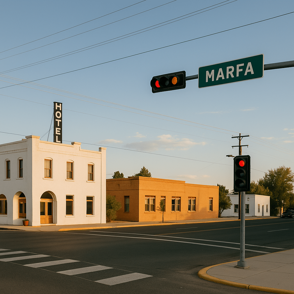 Street view of Marfa Texas with a historic hotel and iconic Marfa sign, showing why Marfa, Texas, is worth the hype.