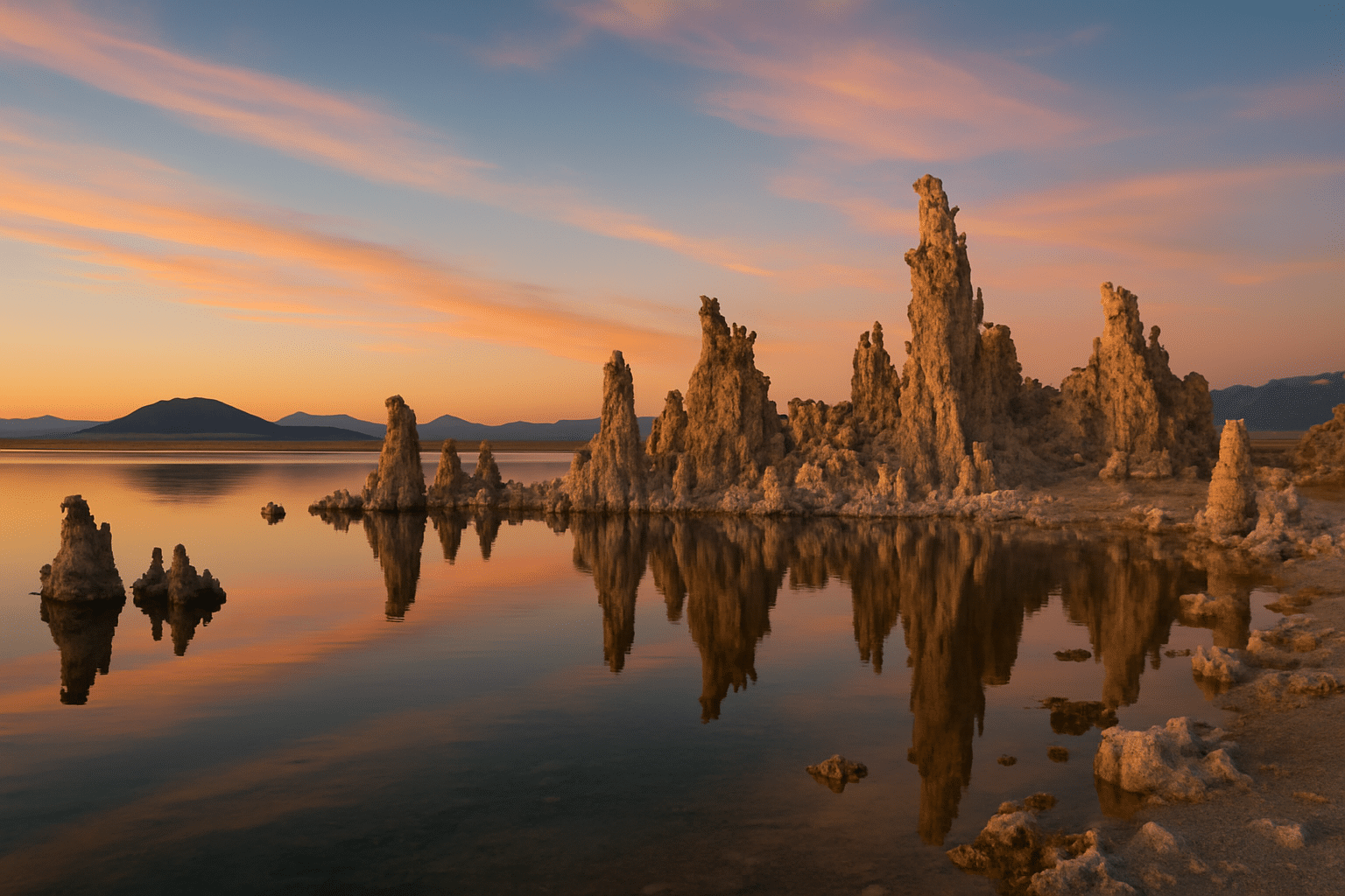 Tufa towers rising from the reflective waters of Mono Lake Sierra Nevada at sunset, with volcanic hills in the background.