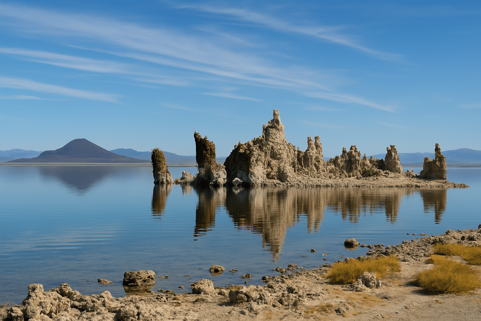 Mono Lake Sierra Nevada with tufa towers reflected in calm water, volcanic hills in the distance, and a rugged shoreline in the foreground.