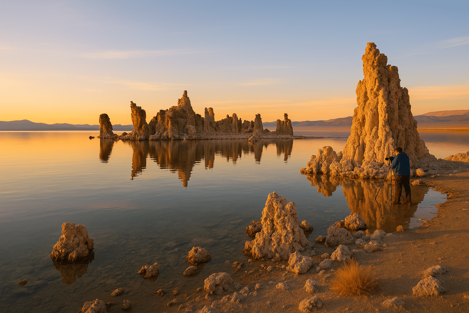 Photographer capturing tufa towers at Mono Lake Sierra Nevada during golden sunrise, with calm water and distant mountain views.